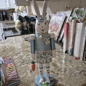 Blue Floral Easter Bunny Figurine - Handpainted Wooden Decor